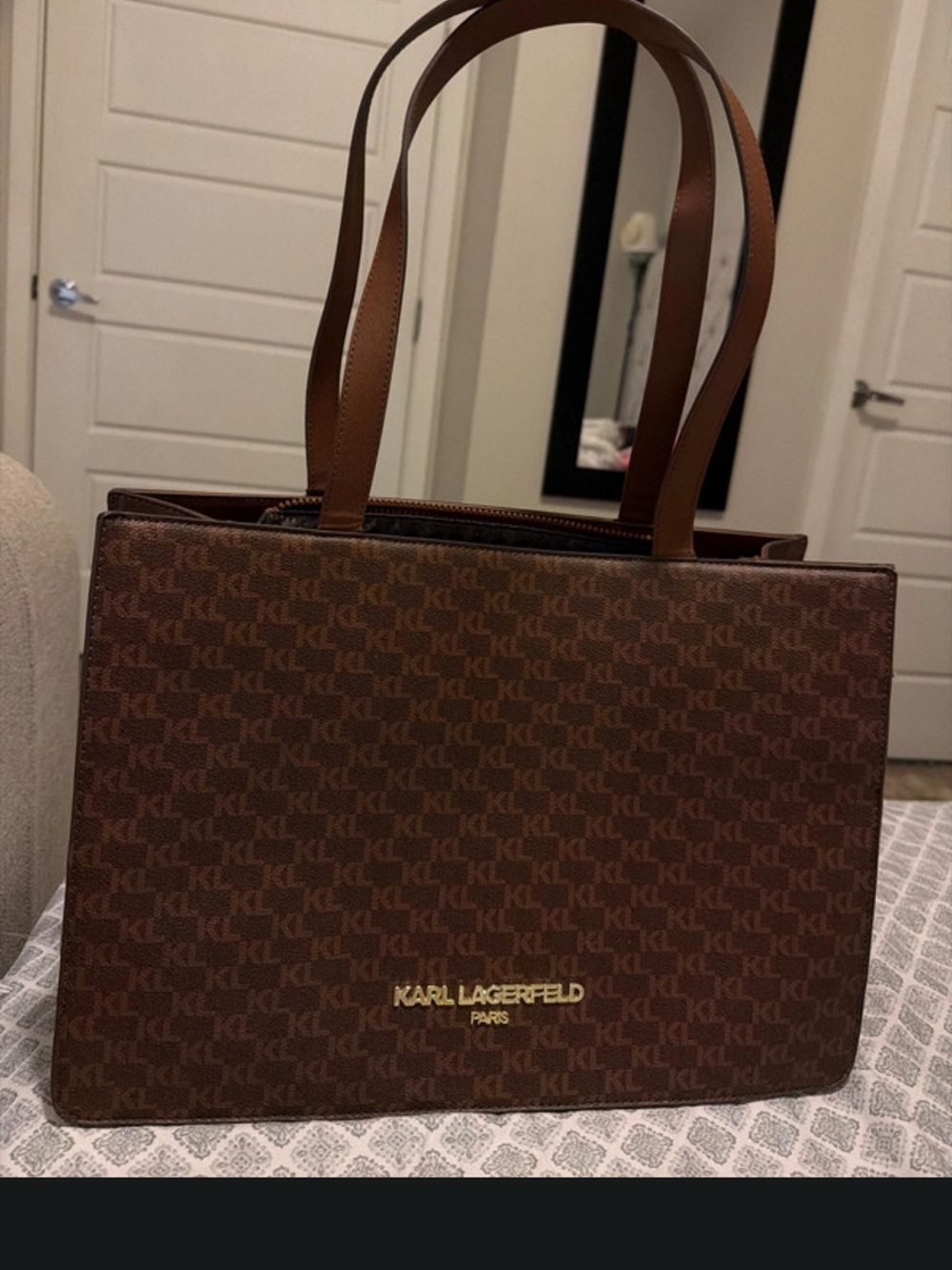 Karl Lagerfeld Brown Monogram Tote Bag with Gold Logo
